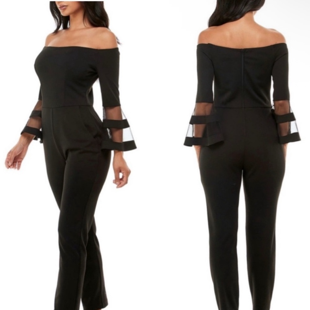 Premier Amour Women's Black Jumpsuit with Arm Mesh Sleeve & Wide Leg Pants - 12